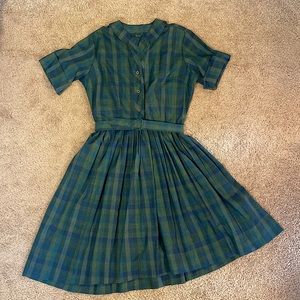 Vintage plaid button swing dress - blue and green - small or medium